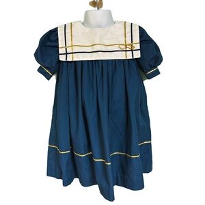Vintage Little Star Blue Gold & White Sailor Dress Girls Size 4